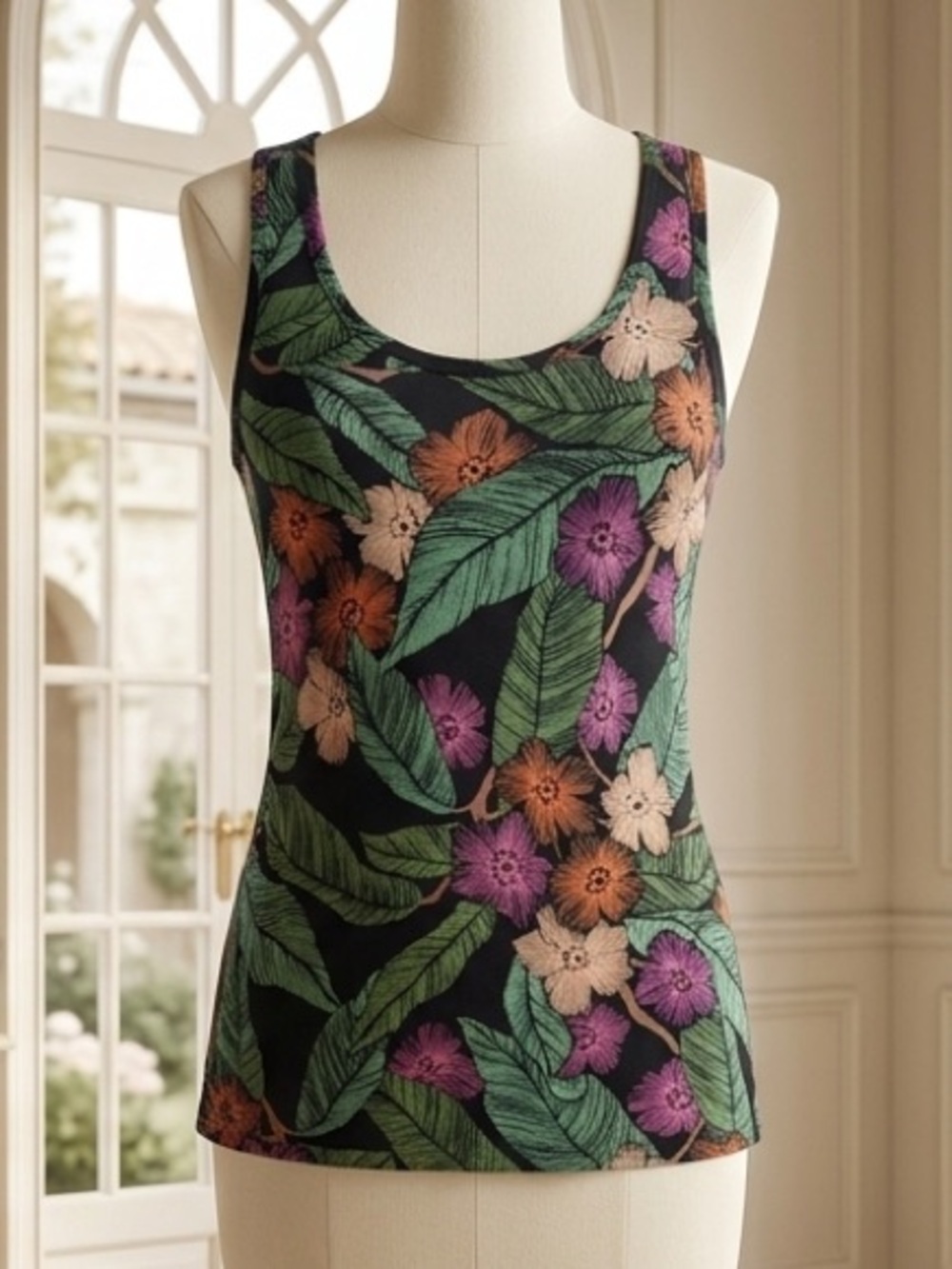 Dynamite| Lightweight Tropical Floral Tank Top in Black, Green, and Pink Sz XXS